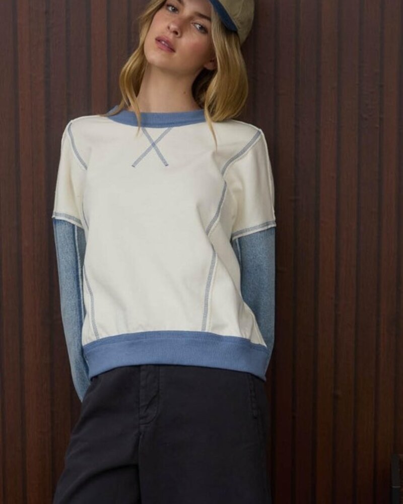 J.O.A. Mix Media Denim Sleeve Knit Top