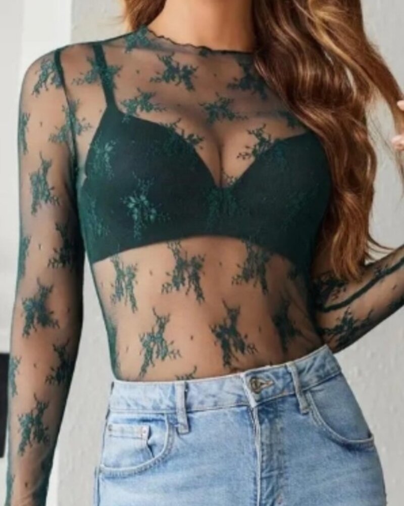 La Roseason Lace Mesh Sheer Top