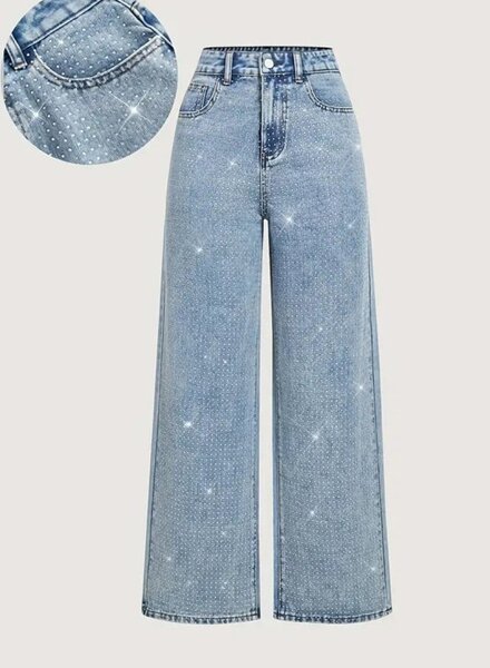La Roseason Denim Rhinestone Straight-Leg Jeans