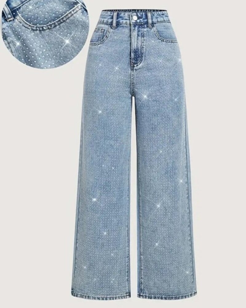 La Roseason Denim Rhinestone Straight-Leg Jeans