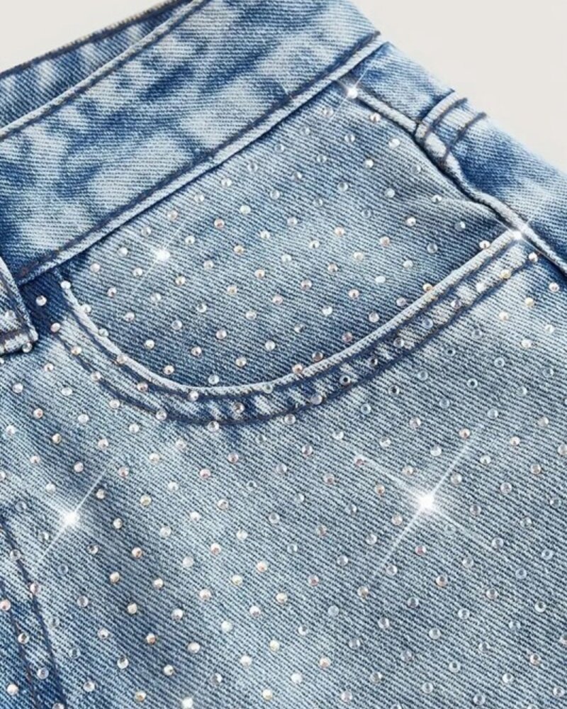 La Roseason Denim Rhinestone Straight-Leg Jeans