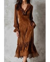 La Roseason Velvet Lace Trim Ruffled V-Neck Puff Slv