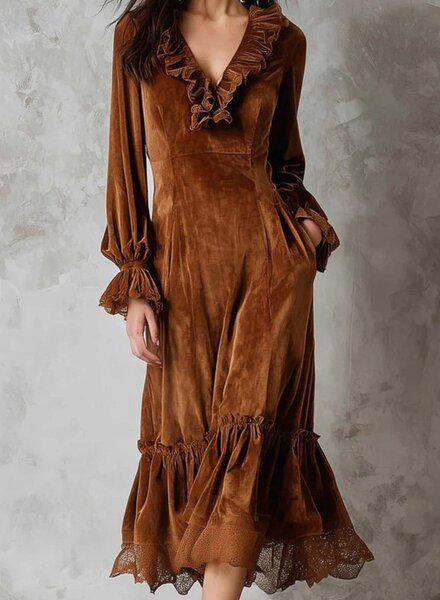 La Roseason Velvet Lace Trim Ruffled V-Neck Puff Slv