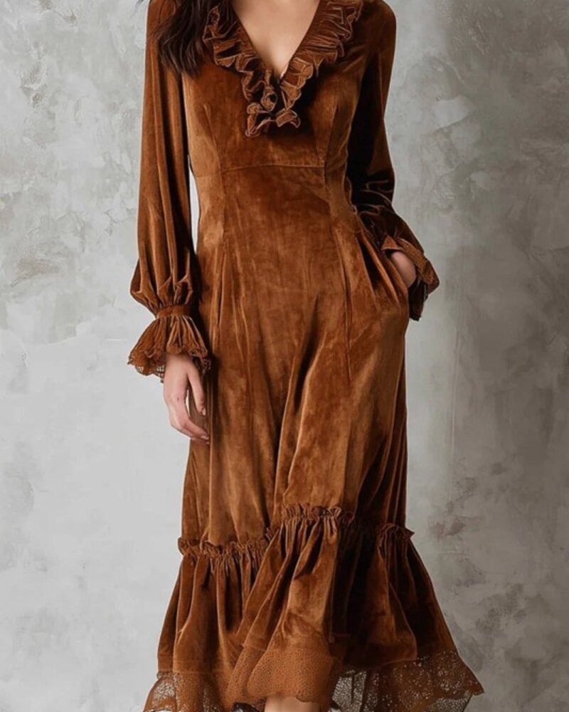 La Roseason Velvet Lace Trim Ruffled V-Neck Puff Slv