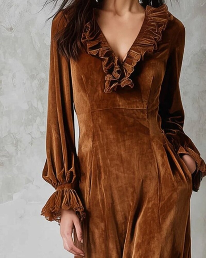 La Roseason Velvet Lace Trim Ruffled V-Neck Puff Slv