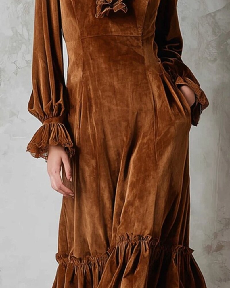 La Roseason Velvet Lace Trim Ruffled V-Neck Puff Slv