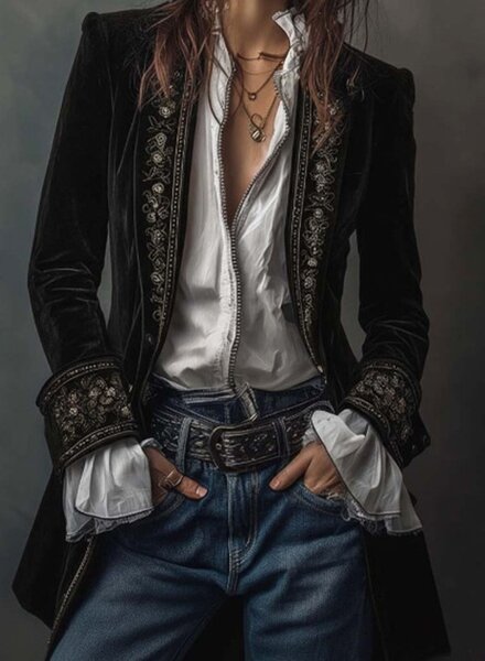 La Roseason Lace Trim Patchwork Velvet Jacket Coat