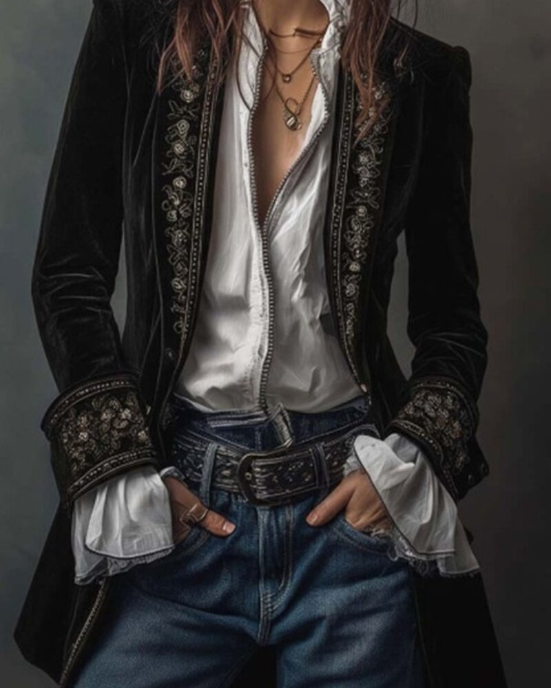 La Roseason Lace Trim Patchwork Velvet Jacket Coat