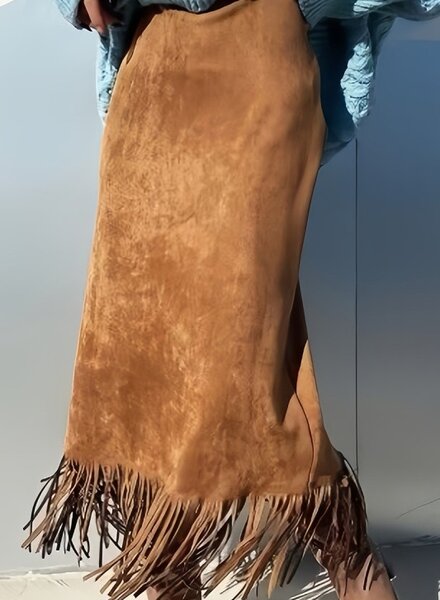 La Roseason Suede Fringed H-Line Western Skirt