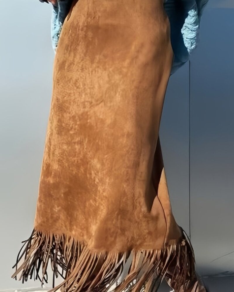 La Roseason Suede Fringed H-Line Western Skirt