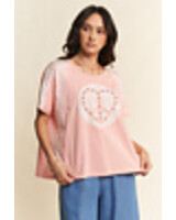 Davi&Dani Heart peace patch lace pearl short sleeve top