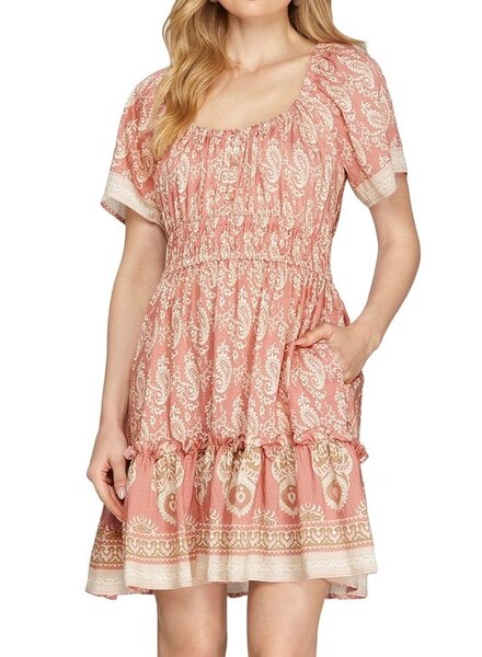 She&Sky Bell Sleeve Border Print Woven Mini Dress With Elastic Waist Band, Pockets and Button Detail