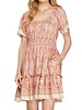 She&Sky Bell Sleeve Border Print Woven Mini Dress With Elastic Waist Band, Pockets and Button Detail