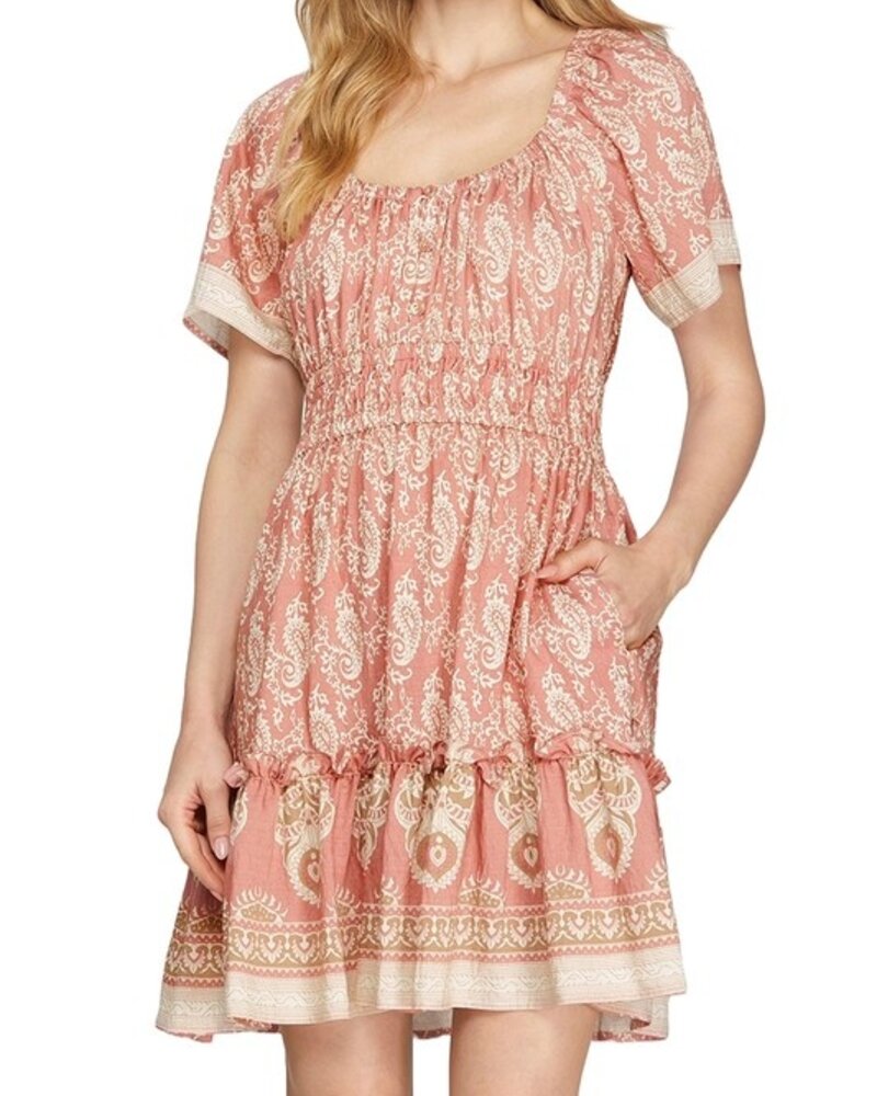She&Sky Bell Sleeve Border Print Woven Mini Dress With Elastic Waist Band, Pockets and Button Detail