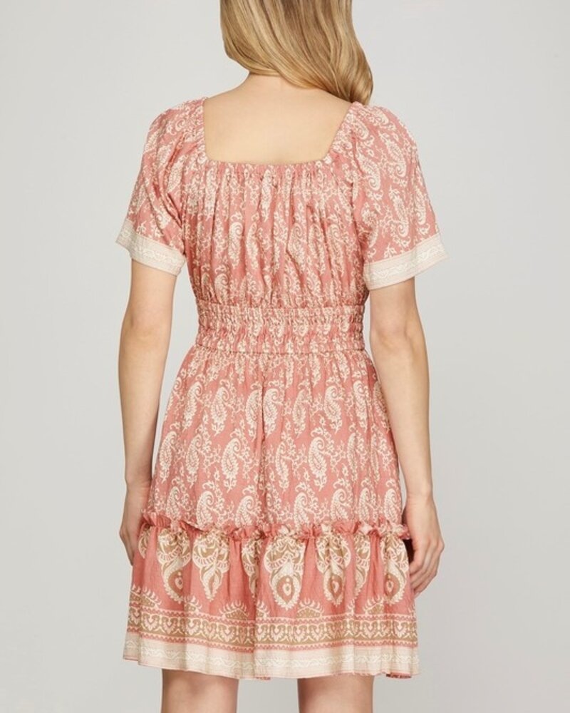 She&Sky Bell Sleeve Border Print Woven Mini Dress With Elastic Waist Band, Pockets and Button Detail