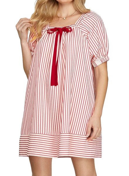 She&Sky Half Sleeve Woven Striped Mini Dress With Contrast Bow and Side Pockets