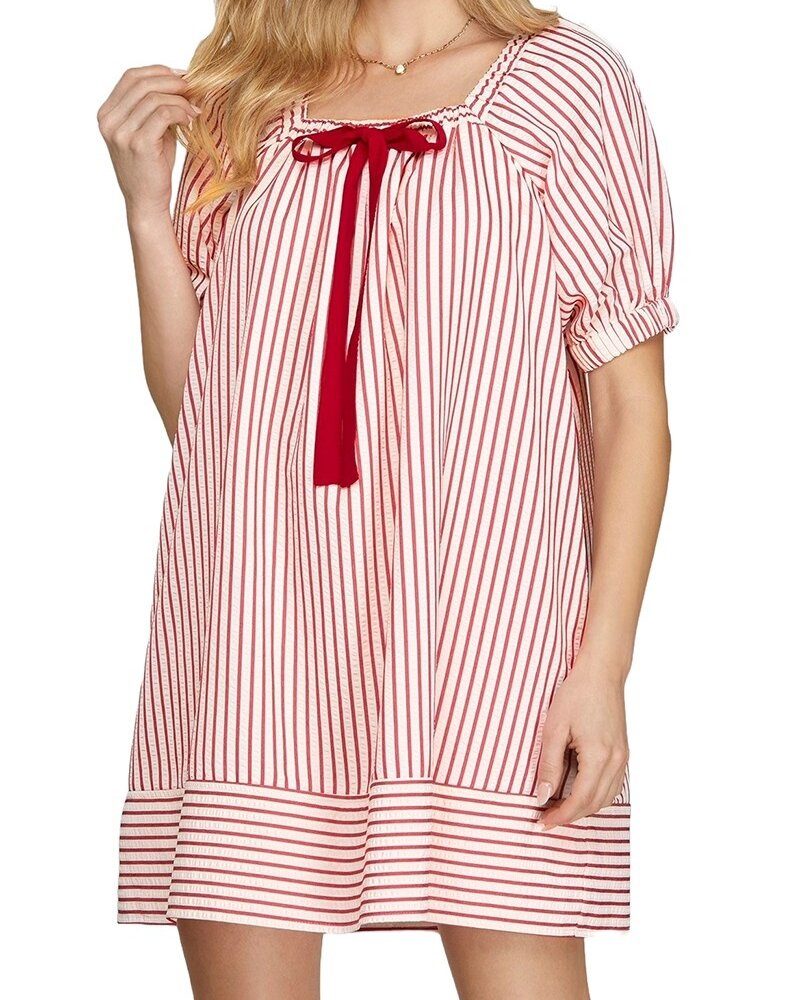 She&Sky Half Sleeve Woven Striped Mini Dress With Contrast Bow and Side Pockets