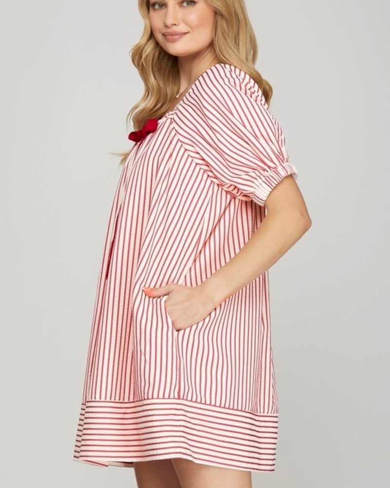 She&Sky Half Sleeve Woven Striped Mini Dress With Contrast Bow and Side Pockets