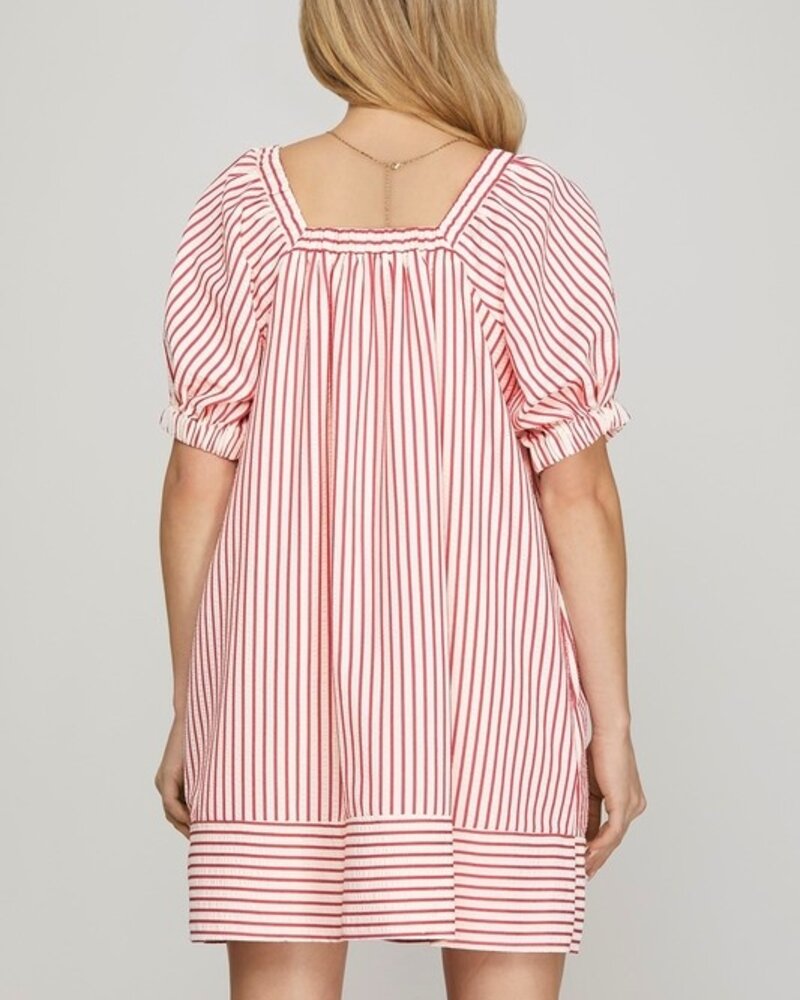 She&Sky Half Sleeve Woven Striped Mini Dress With Contrast Bow and Side Pockets