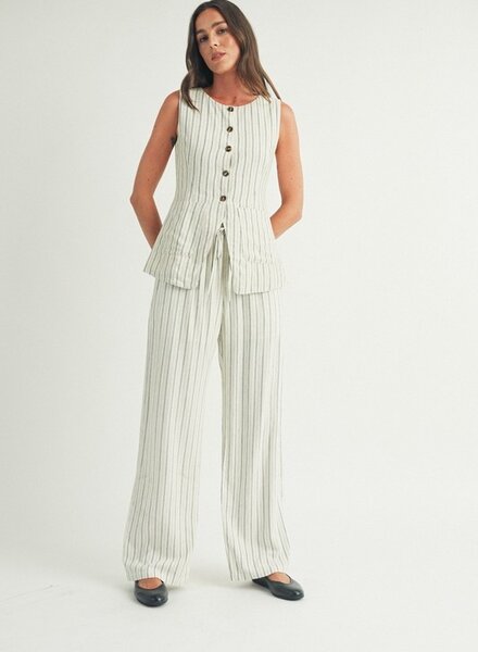 Elle Grey Striped Elastic Waist Wide-Leg Linen Pants