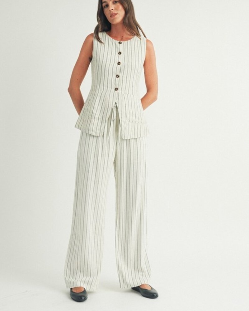 Elle Grey Striped Elastic Waist Wide-Leg Linen Pants