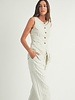 Elle Grey Striped Elastic Waist Wide-Leg Linen Pants
