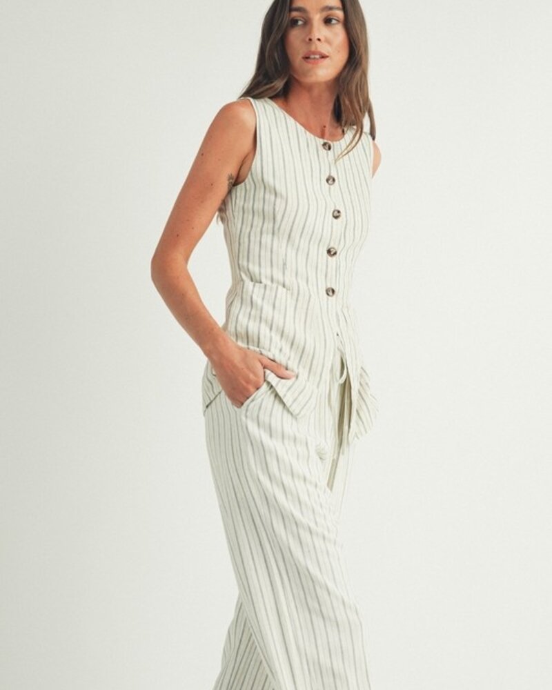 Elle Grey Striped Elastic Waist Wide-Leg Linen Pants