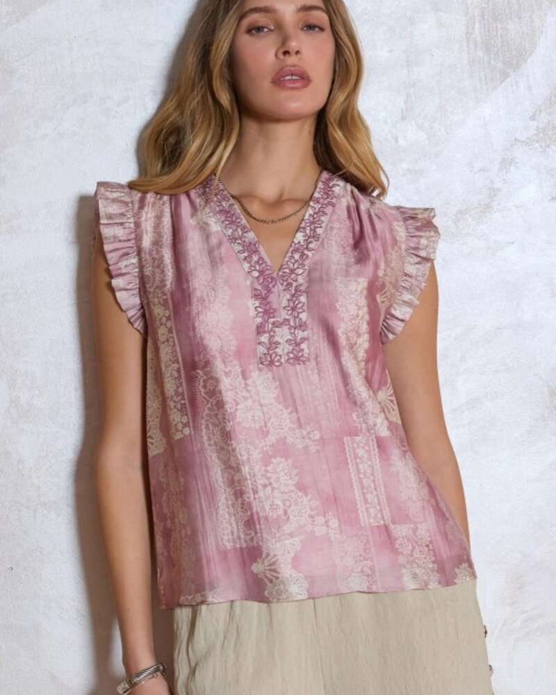 Current Air Ruffled Short Sleeve V-Neck Relaxed Fit Blouse