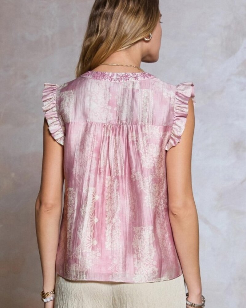 Current Air Ruffled Short Sleeve V-Neck Relaxed Fit Blouse