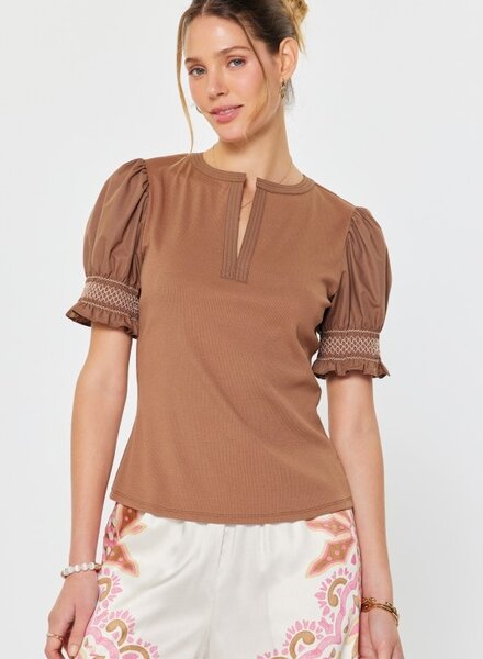 Current Air Woven Puff Short Sleeve Round Neck Fitted Rib Knit Top