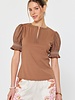 Current Air Woven Puff Short Sleeve Round Neck Fitted Rib Knit Top