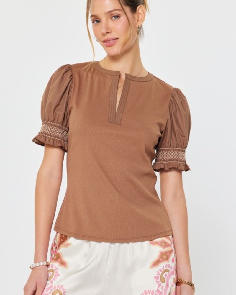 Current Air Woven Puff Short Sleeve Round Neck Fitted Rib Knit Top