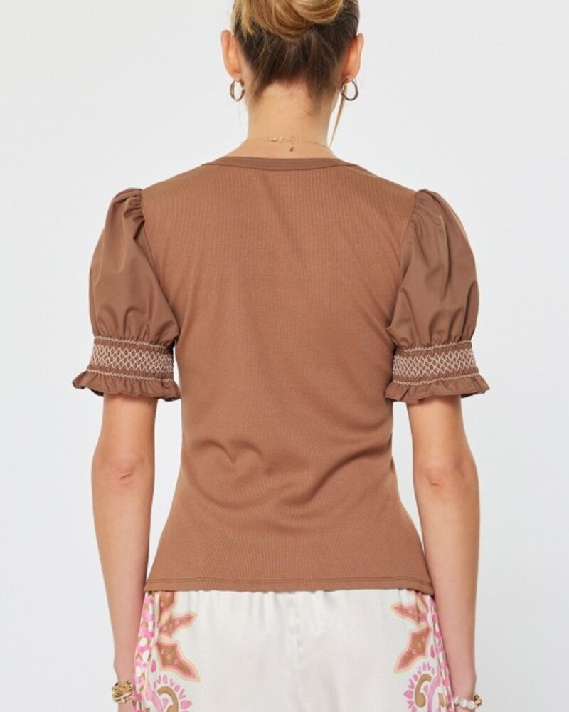 Current Air Woven Puff Short Sleeve Round Neck Fitted Rib Knit Top
