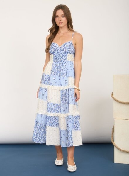 Blu Pepper Multi-Patchwork Spaghetti Strap Midi Dress