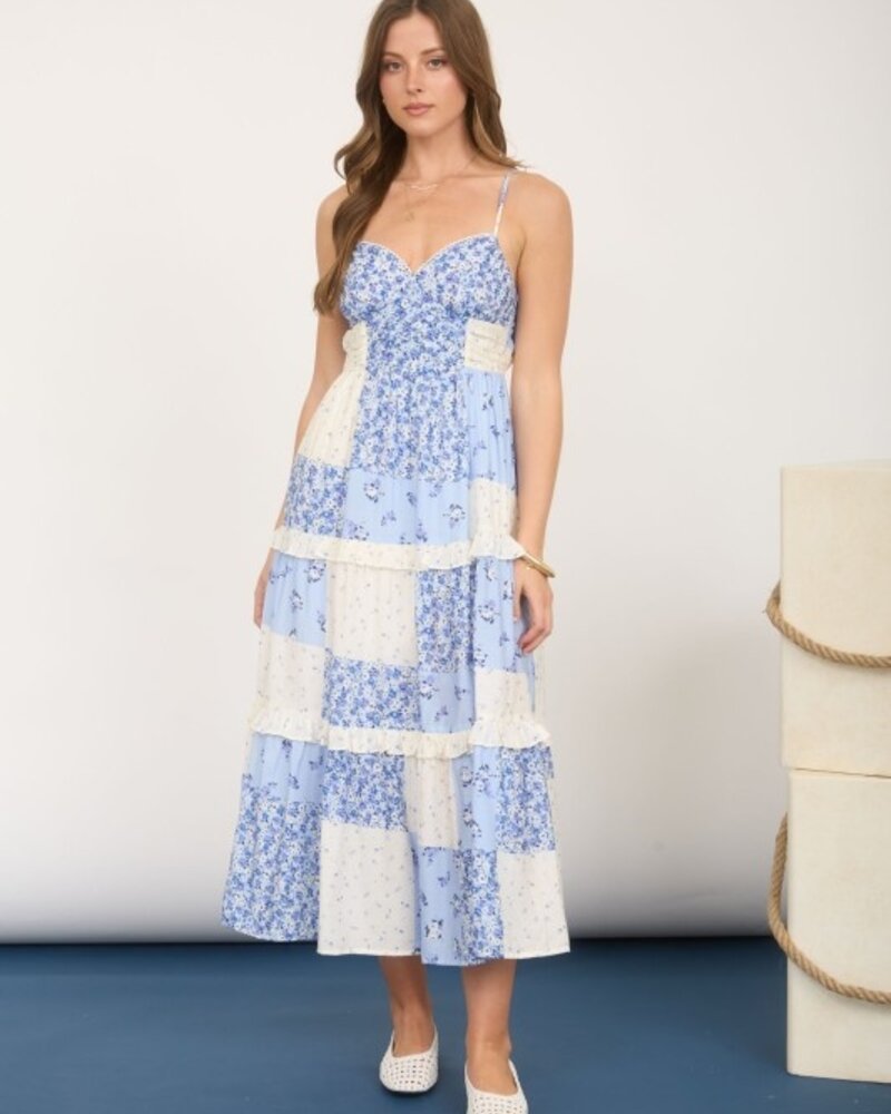 Blu Pepper Multi-Patchwork Spaghetti Strap Midi Dress