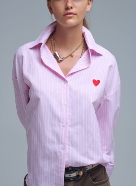 Q2 Pink Striped Shirt W/Heart Embroidery