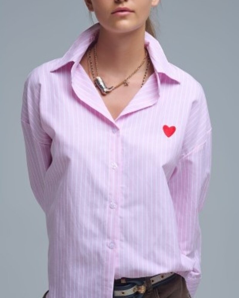 Q2 Pink Striped Shirt W/Heart Embroidery