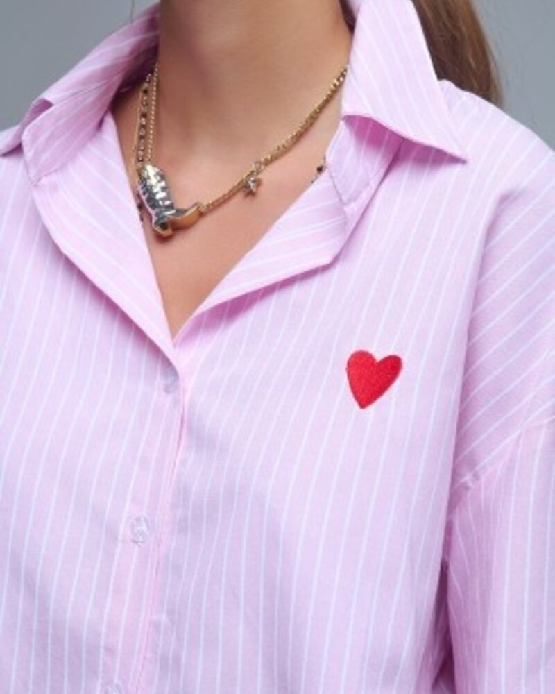 Q2 Pink Striped Shirt W/Heart Embroidery