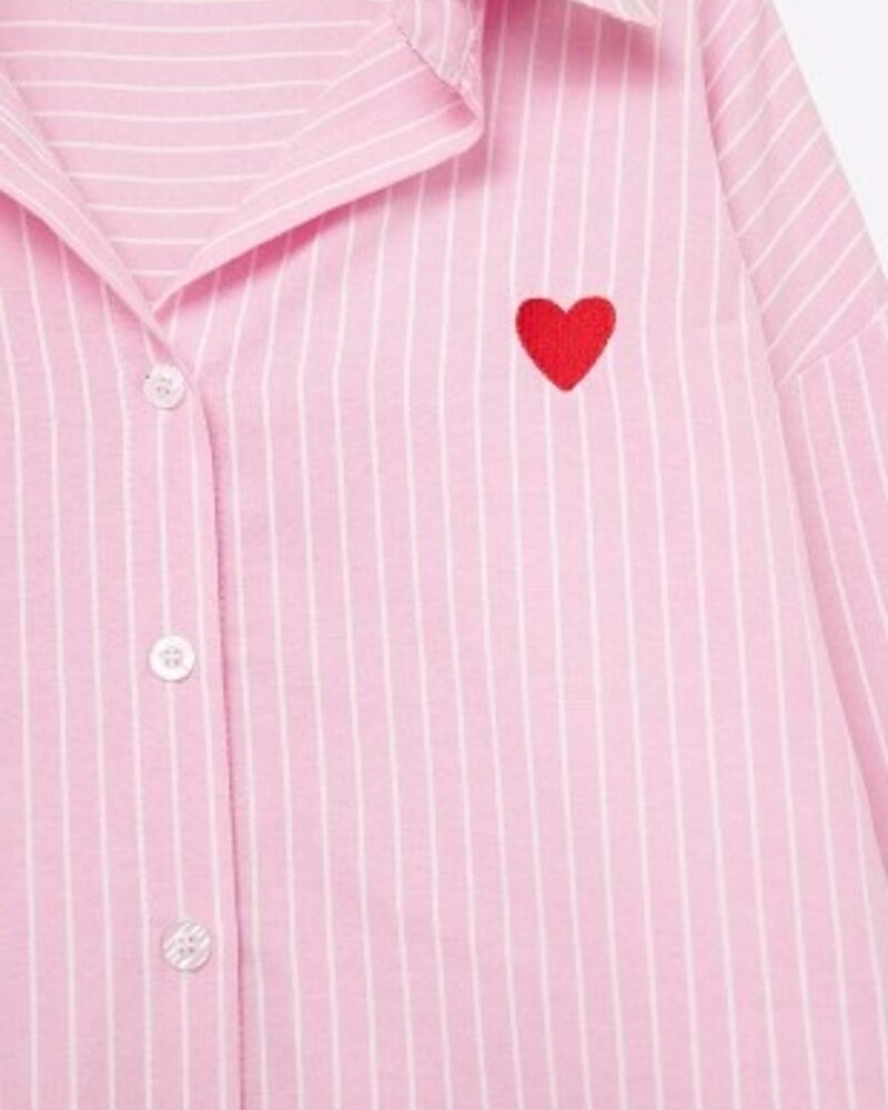Q2 Pink Striped Shirt W/Heart Embroidery