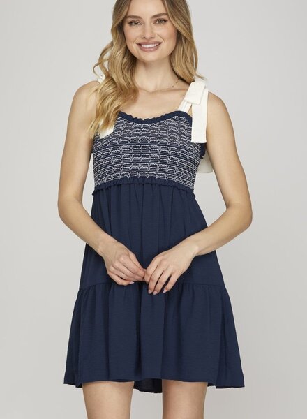 She & Sky Shoulder Bow Tie Mini Dress