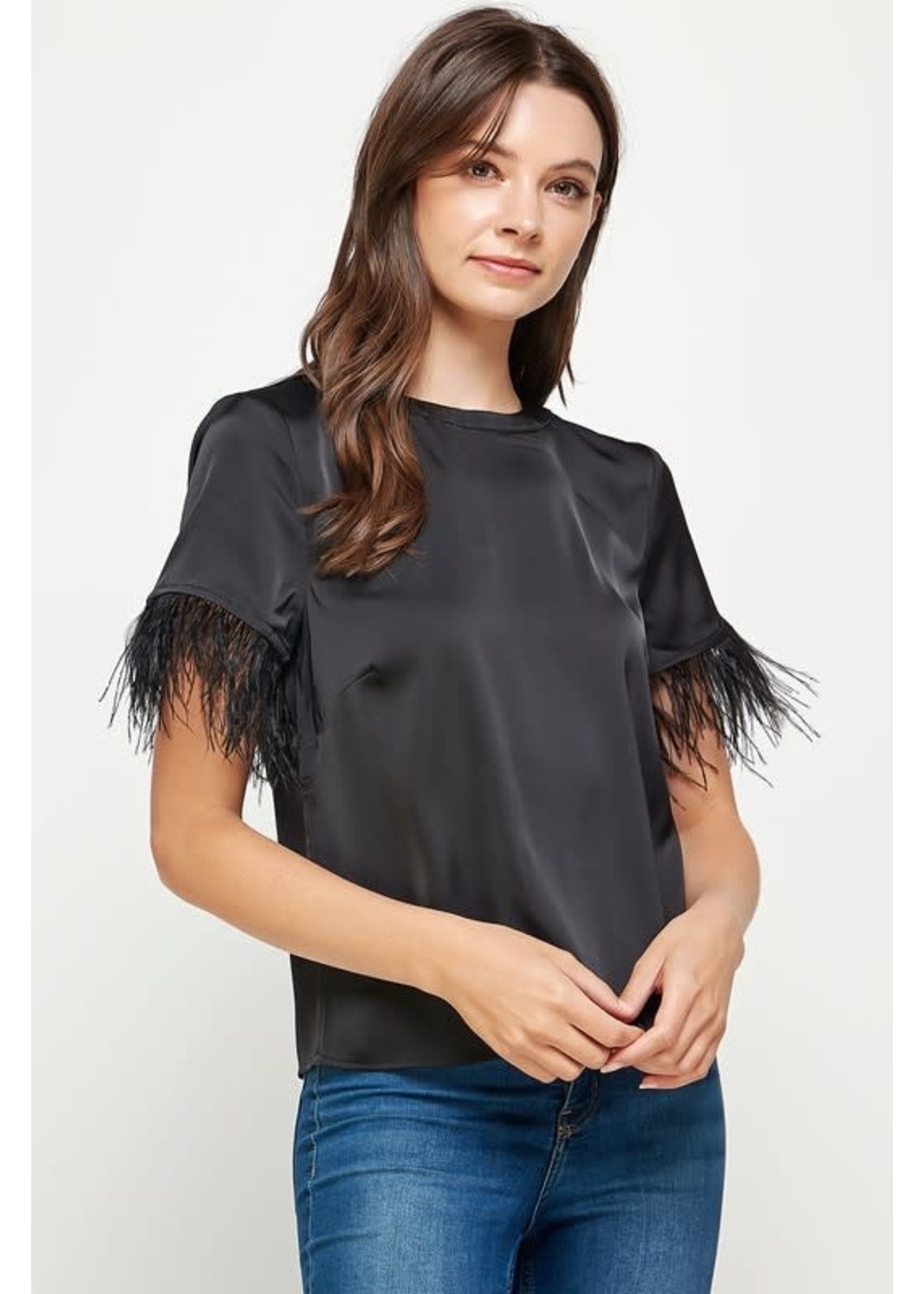 Feather Trimmed Short Sleeve Satin Top