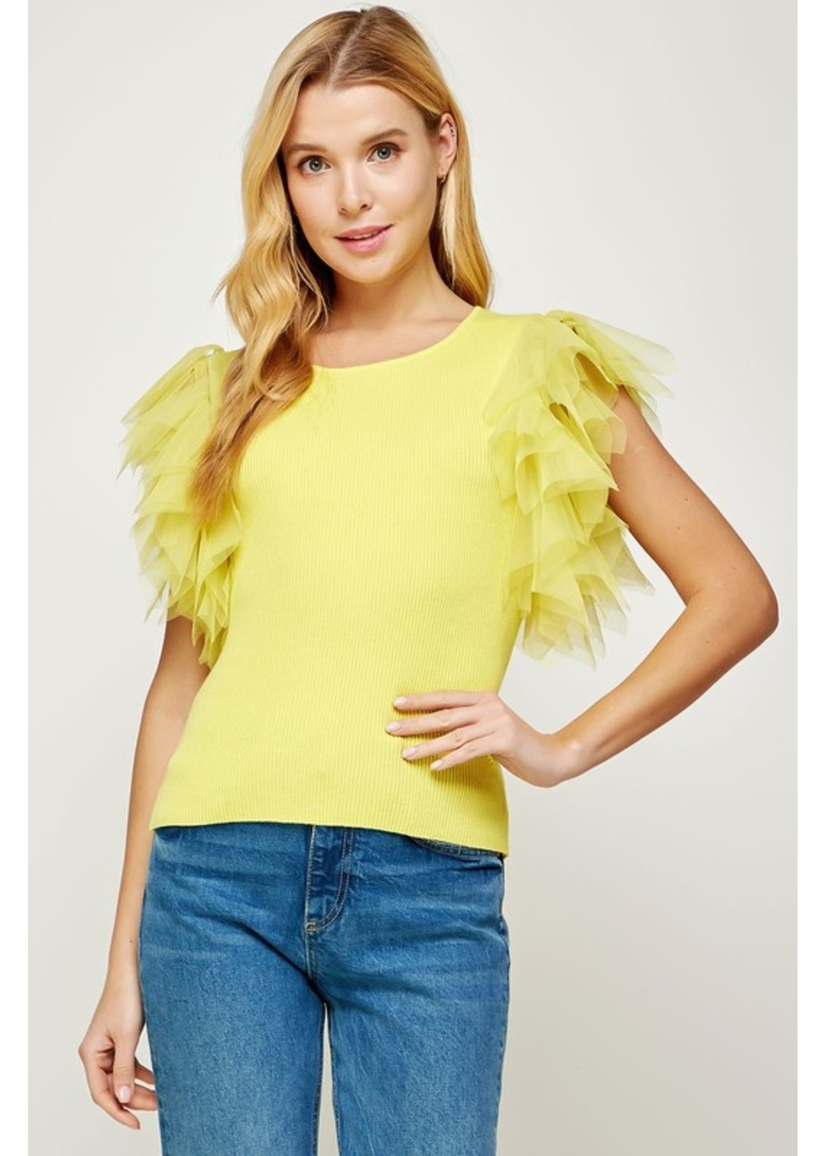Tulle Ruffle Frills Sleeve Ribbed Knit Top