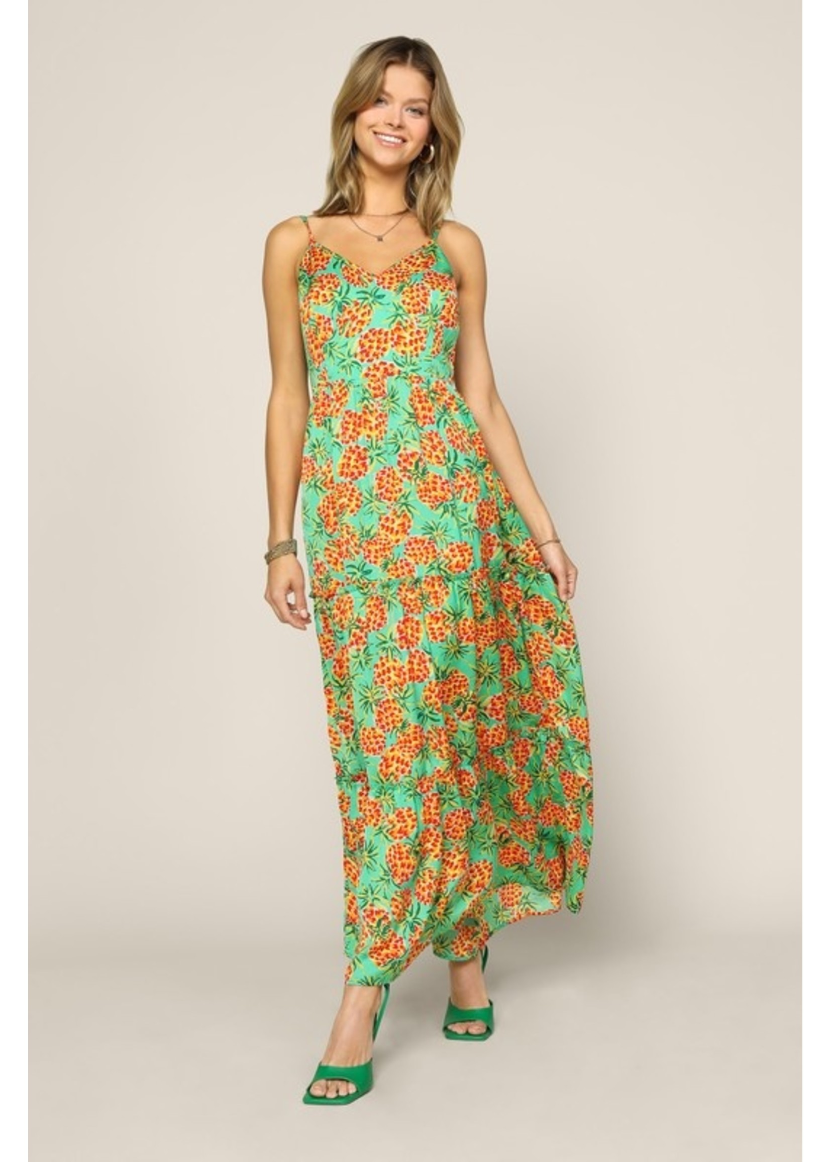 S/L Tropical Pineapple Print Maxi Dress