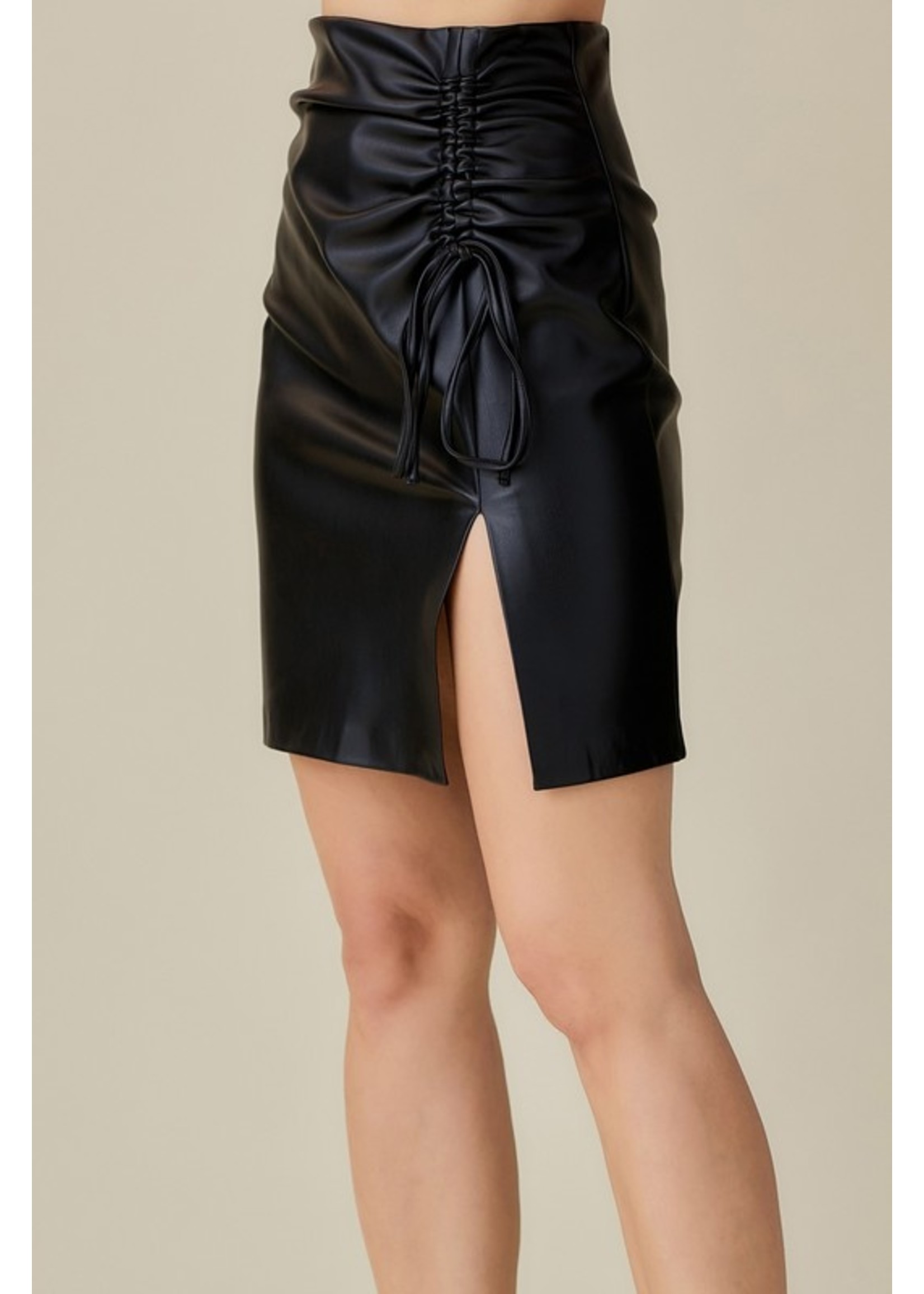 Drawstring Side Faux Leather Skirt