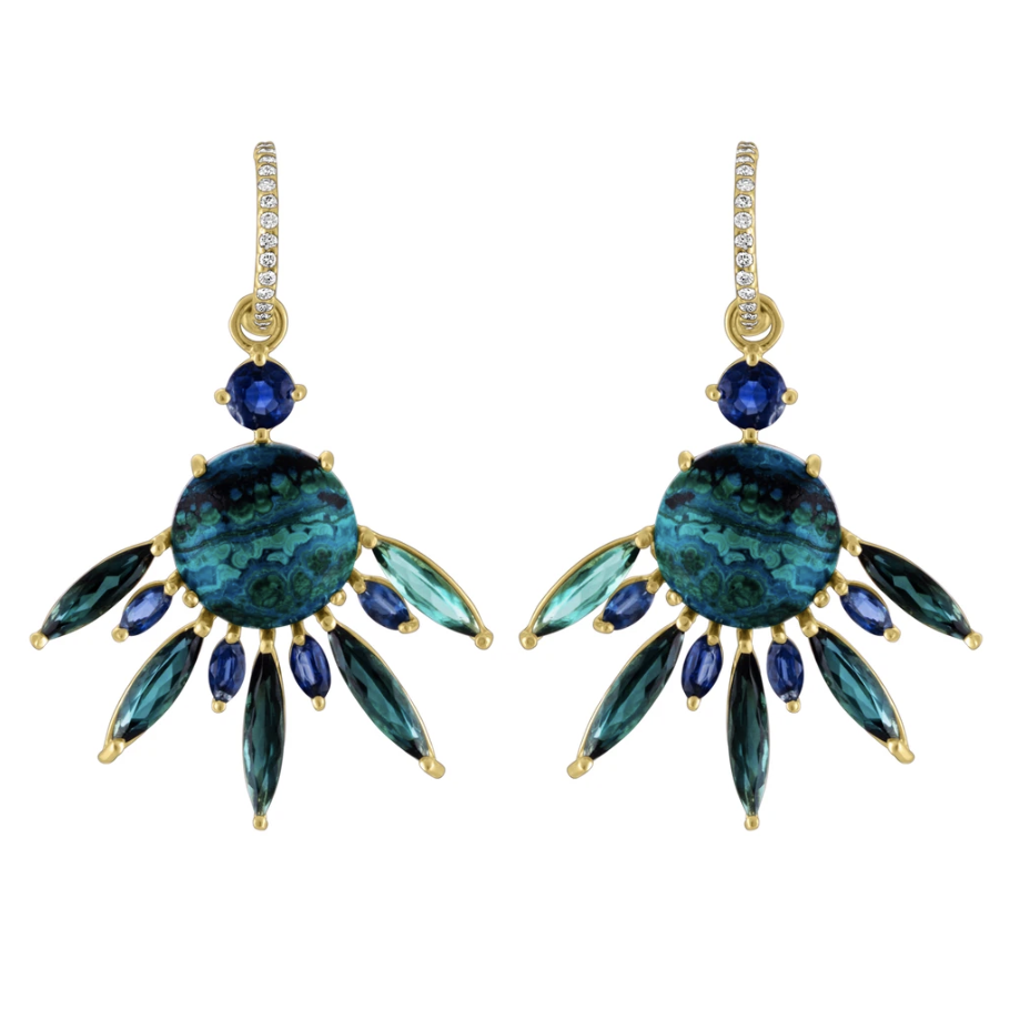 Malachite Azurite Tourmaline Fan Earring Saffron Jewelry