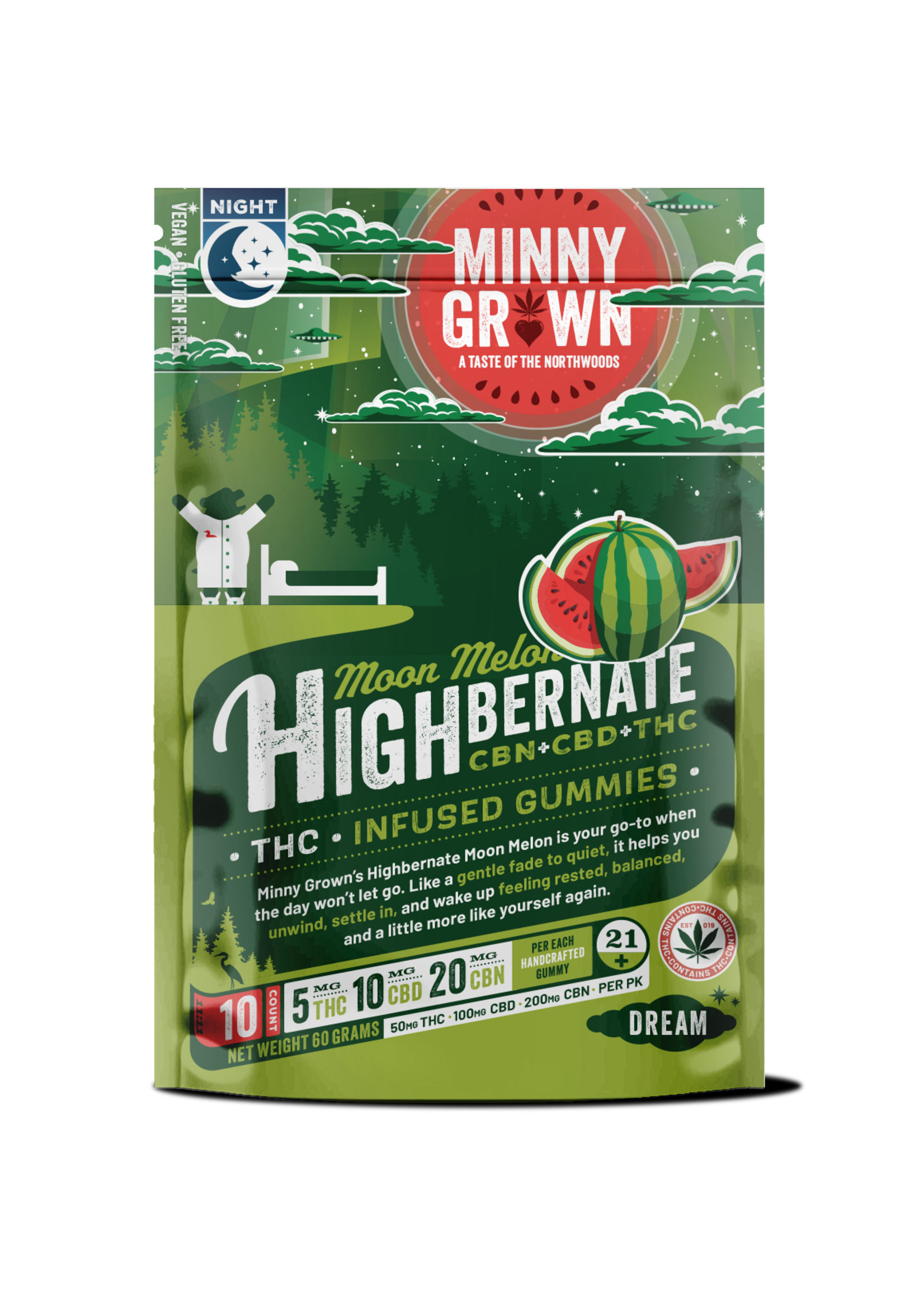Minny Grown THC Minny Grown Highbernate Moon Melon THC Gummy 50mg (5mg THC, 10mg CBD, 20mg CBN/Gummy)