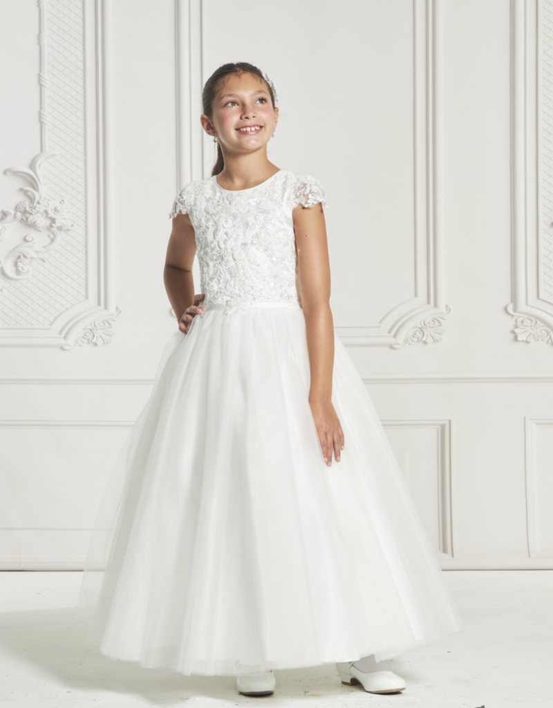 MACIS DESIGN HEAVY BEADED LACE TOP CAP SLV ALINE TULLE DRESS