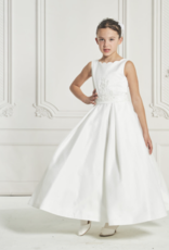 MACIS DESIGN  ORGANZA OVER SATIN BOX PLEATED SKIRT SCARLET EDGE NECKLINE VBACK DRESS