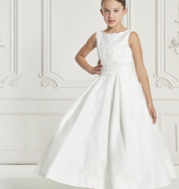 MACIS DESIGN ORGANZA OVER SATIN BOX PLEATED SKIRT SCARLET EDGE NECKLINE VBACK DRESS