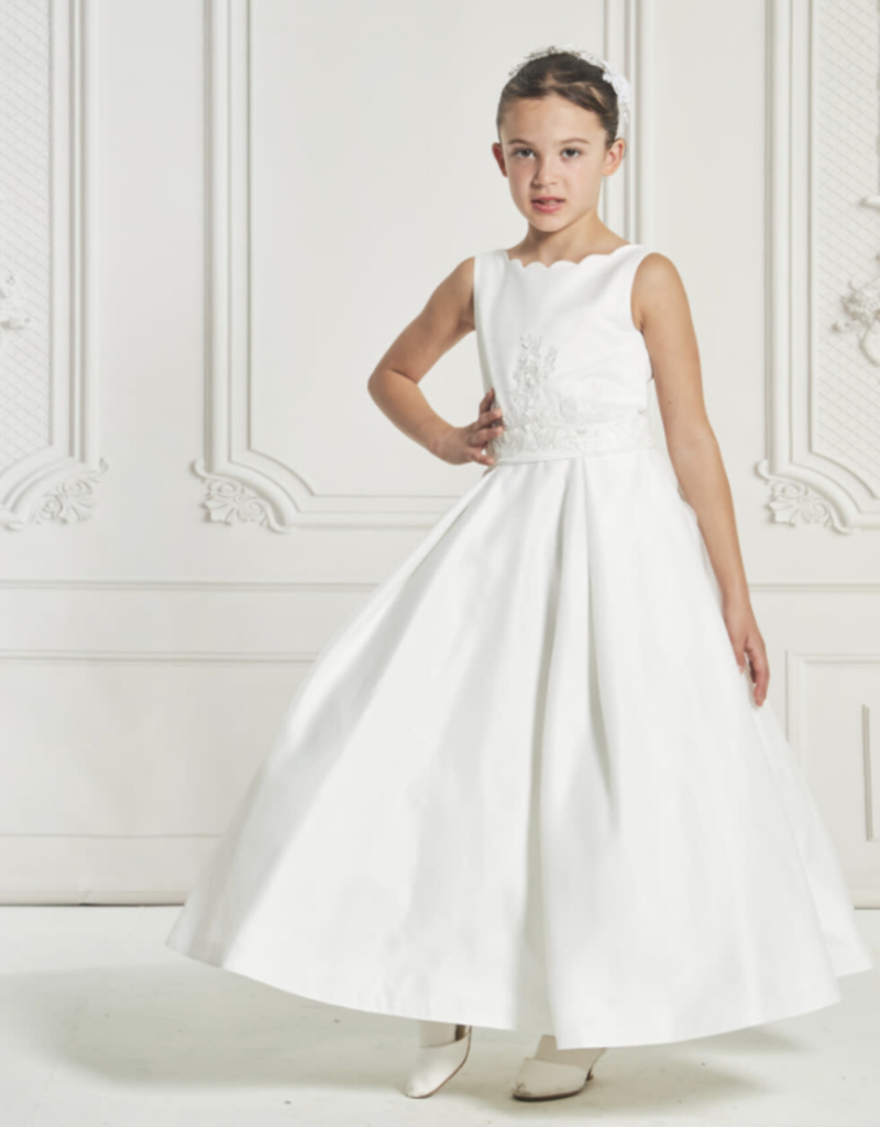 MACIS DESIGN  ORGANZA OVER SATIN BOX PLEATED SKIRT SCARLET EDGE NECKLINE VBACK DRESS